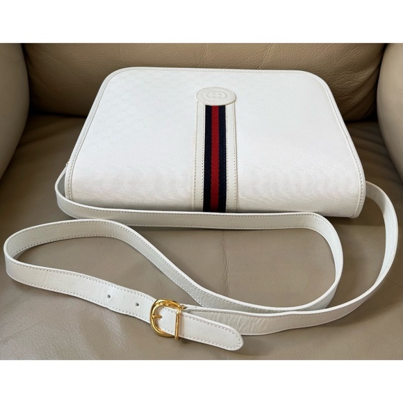 Authentic Vintage Gucci Web White Monogram Canvas Leather Flap Messenger Bag - Picture 8 of 12
